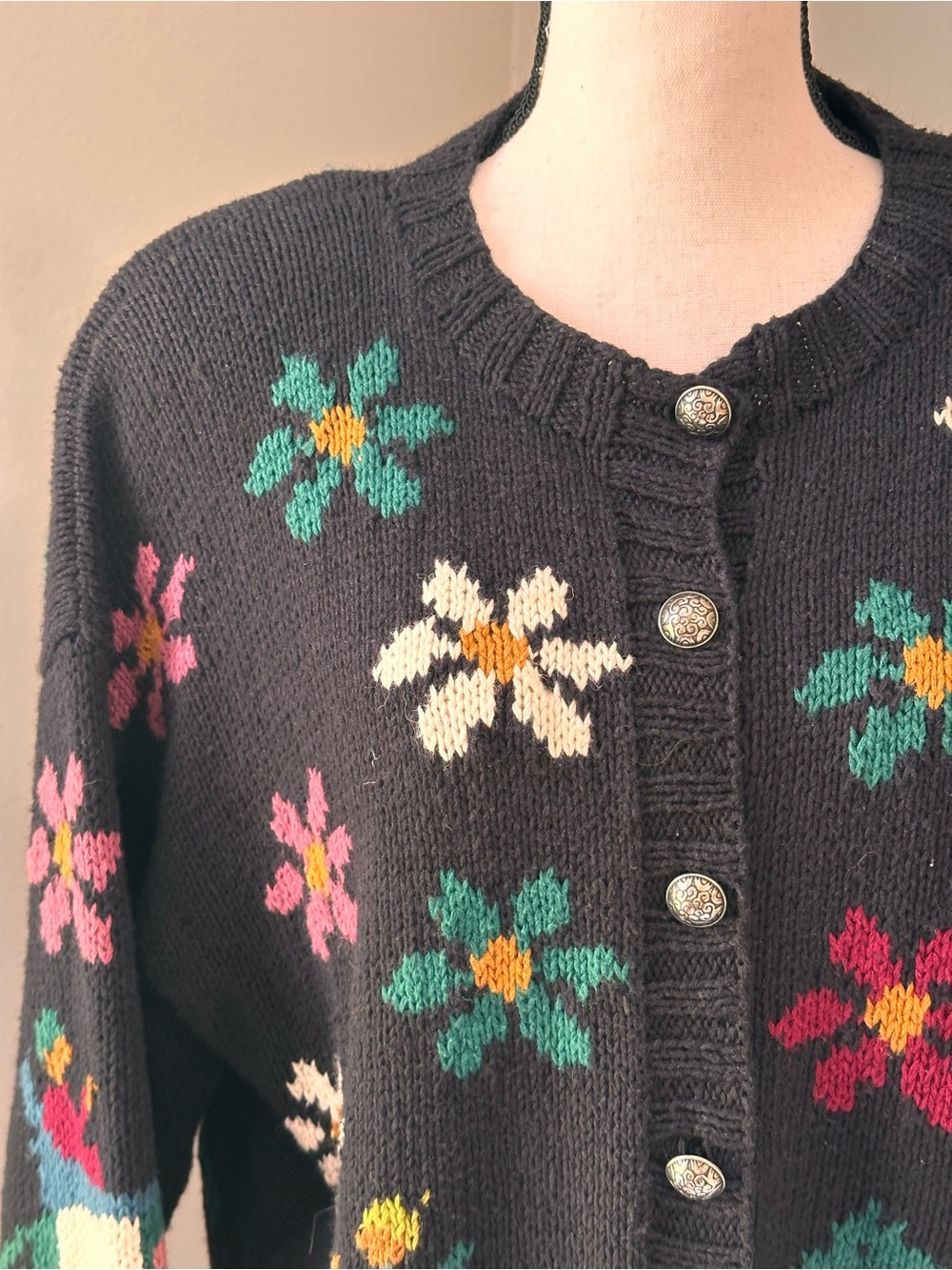 Vintage 80s 90s black Embroidered Cardigan Forenza Rare Elephant Horse Floral - Picture 2 of 9